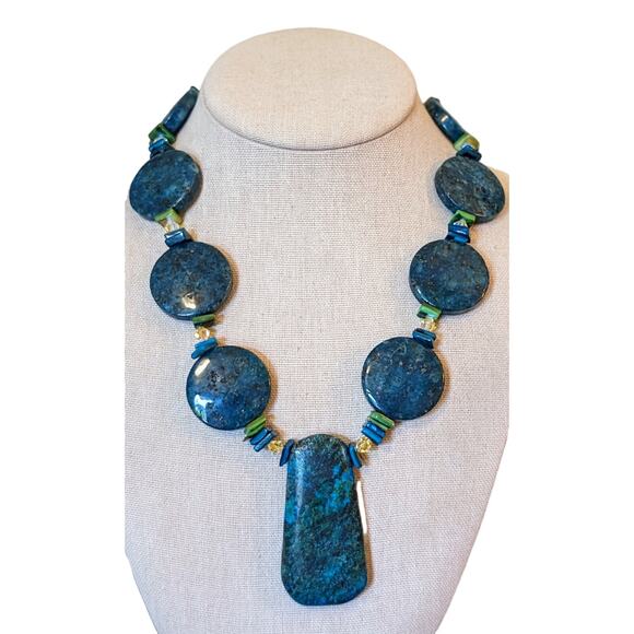 Chunky Heavy Blue Green Stone W/ Silver Toggle Clasp 20" Necklace - Picture 1 of 9
